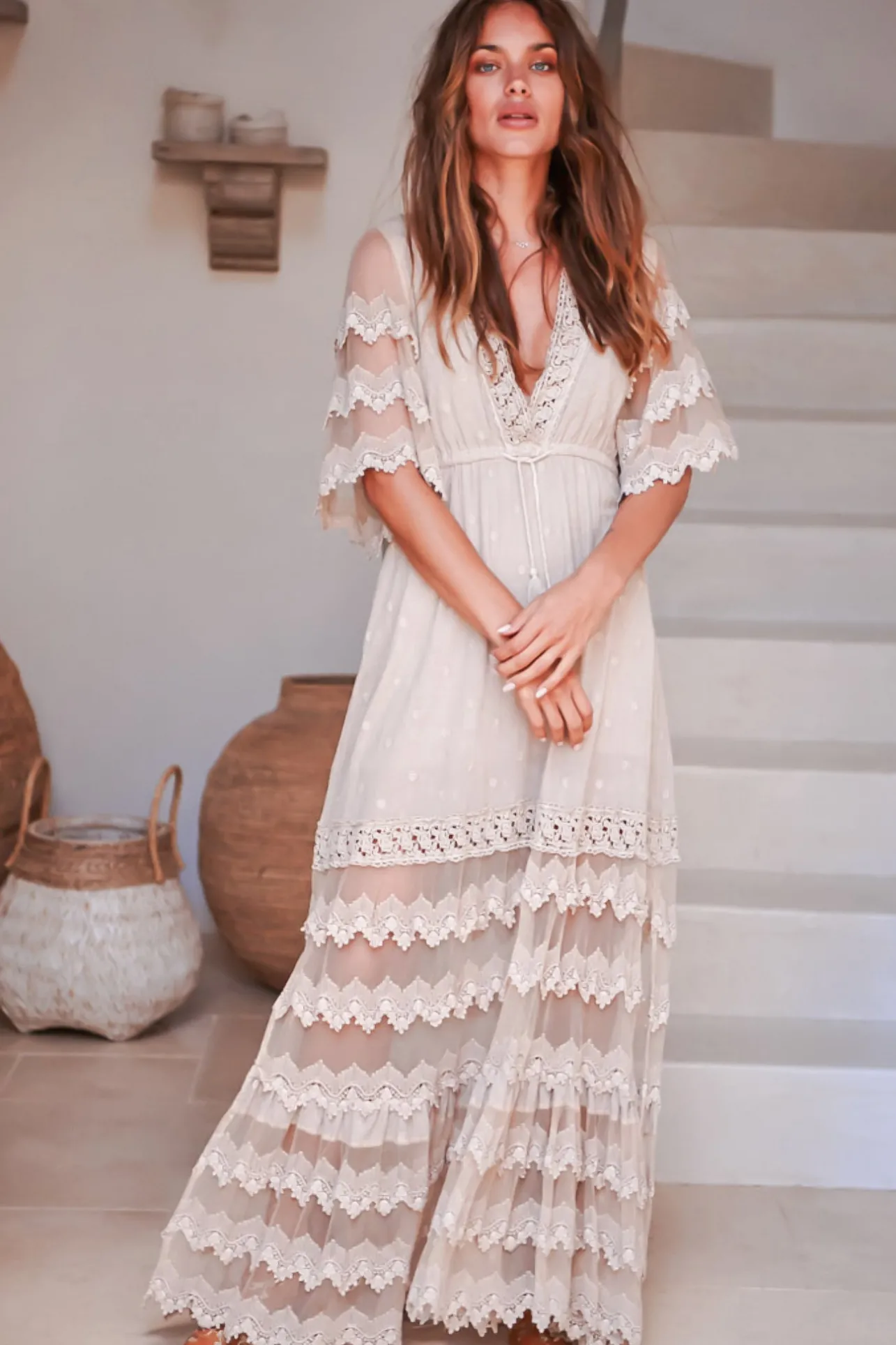 Bungalow Maxi Dress - Embroidered Lace Deep V Neck Dress with Open Batwing Sleeves in Sand>Jaase Discount