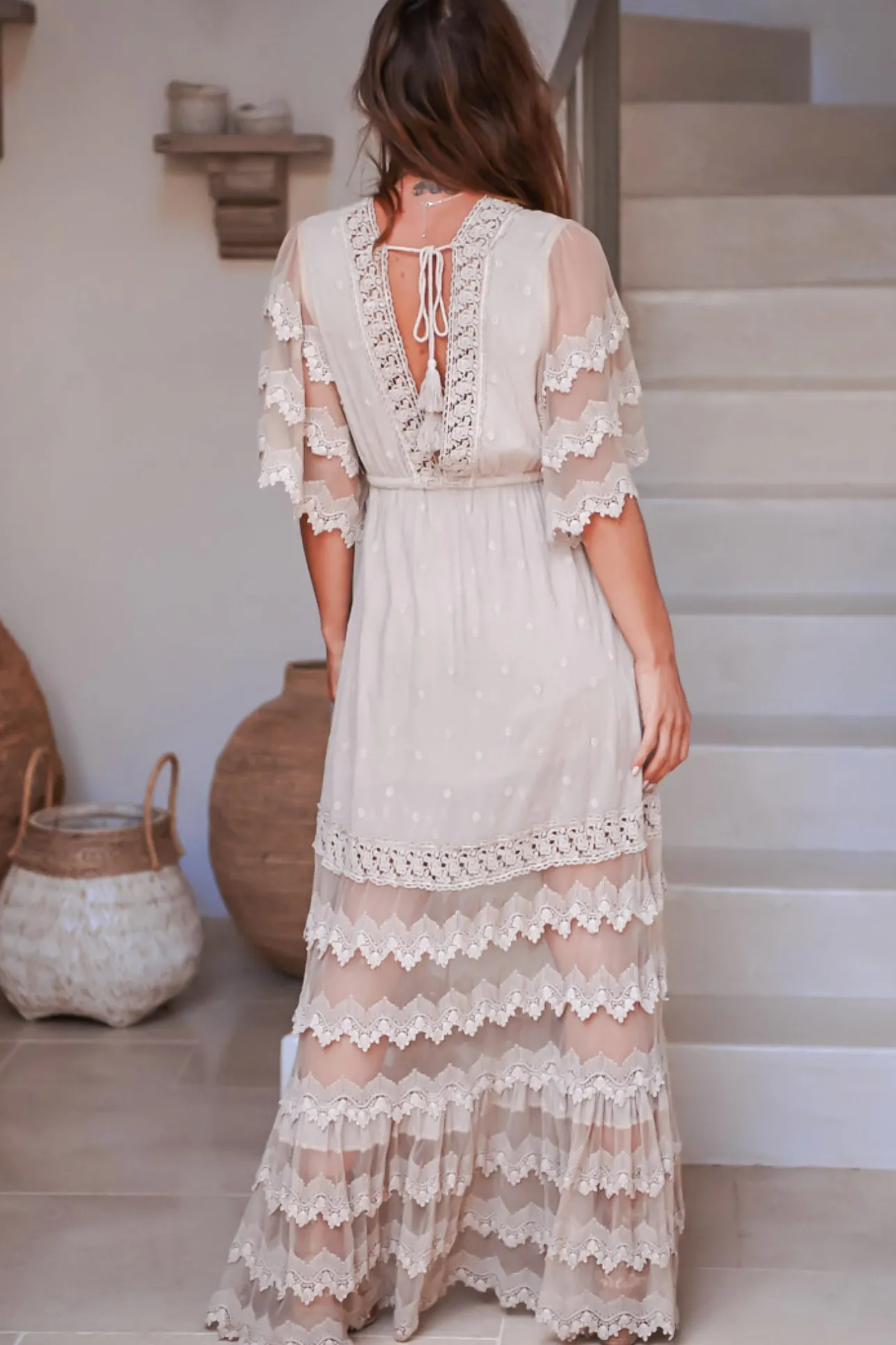 Bungalow Maxi Dress - Embroidered Lace Deep V Neck Dress with Open Batwing Sleeves in Sand>Jaase Discount