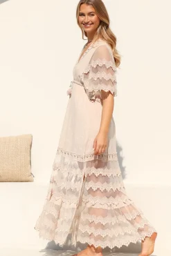 Bungalow Maxi Dress - Embroidered Lace Deep V Neck Dress with Open Batwing Sleeves in Sand><noscript><img width=