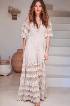 Bungalow Maxi Dress - Embroidered Lace Deep V Neck Dress with Open Batwing Sleeves in Sand><noscript><img width=
