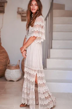 Bungalow Maxi Dress - Embroidered Lace Deep V Neck Dress with Open Batwing Sleeves in Sand><noscript><img width=