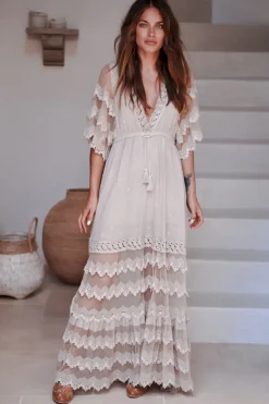 Bungalow Maxi Dress - Embroidered Lace Deep V Neck Dress with Open Batwing Sleeves in Sand><noscript><img width=