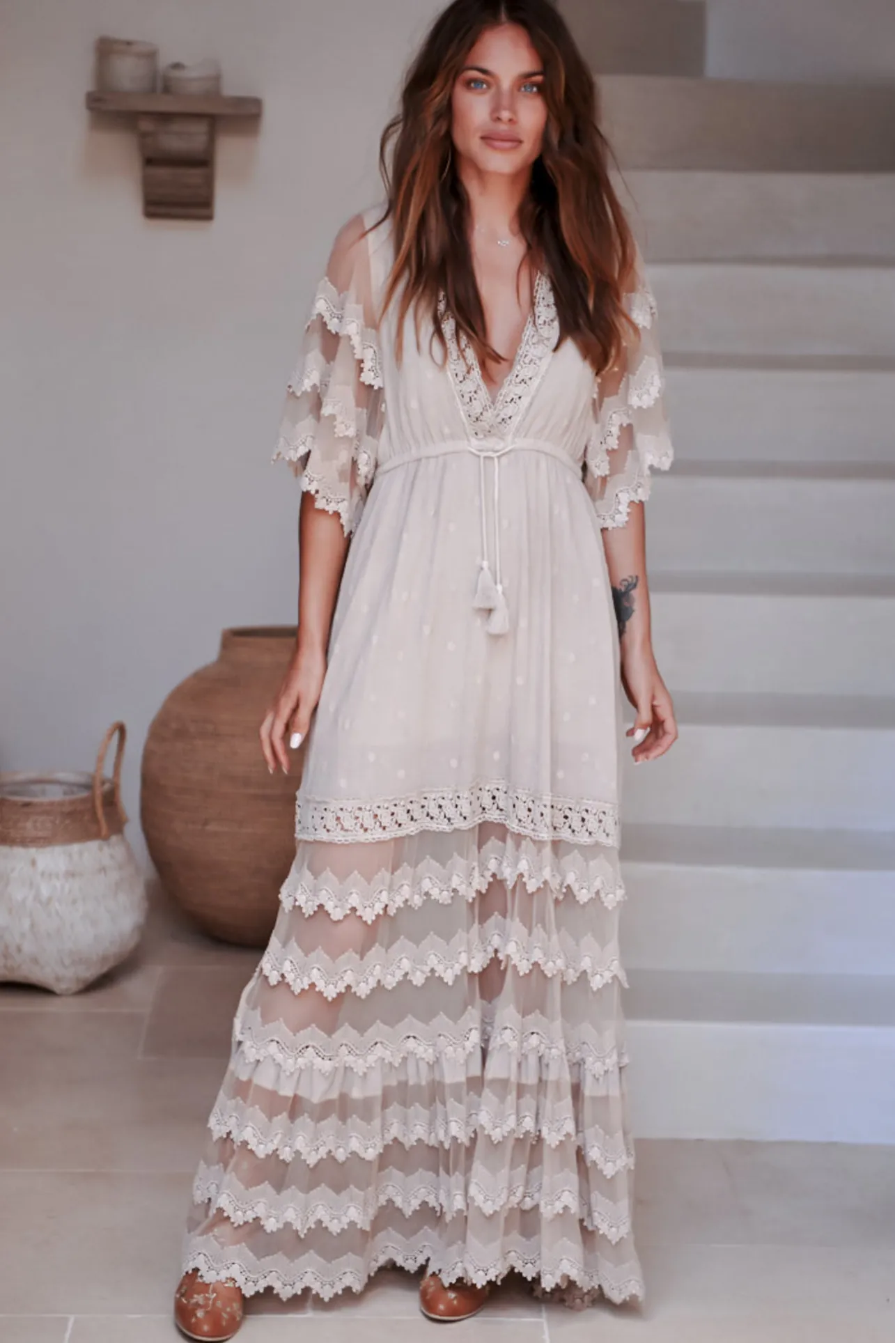 Bungalow Maxi Dress - Embroidered Lace Deep V Neck Dress with Open Batwing Sleeves in Sand>Jaase Discount