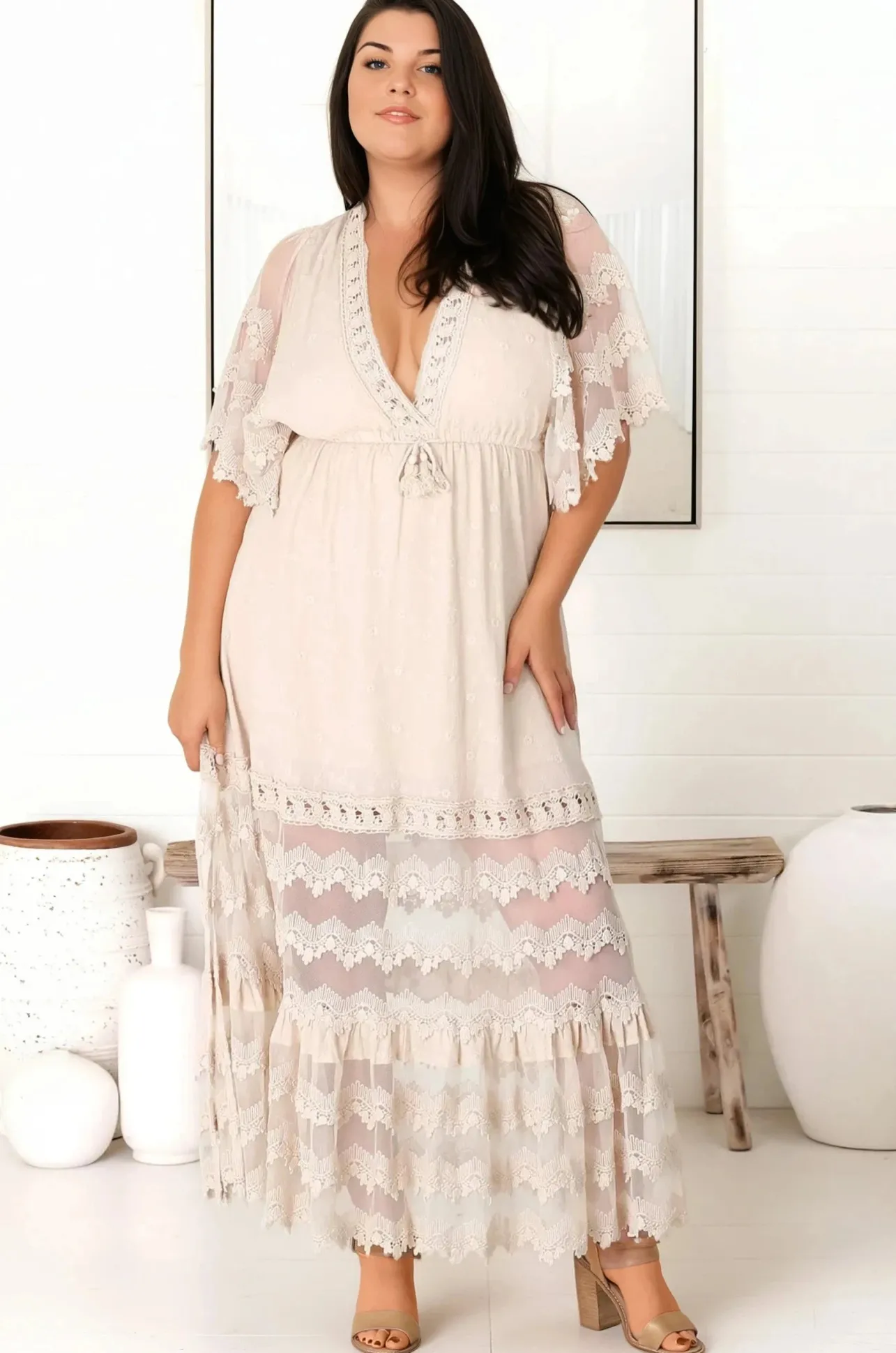Bungalow Maxi Dress - Embroidered Lace Deep V Neck Dress with Open Batwing Sleeves in Sand>Jaase Discount