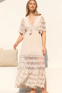 Bungalow Maxi Dress - Embroidered Lace Deep V Neck Dress with Open Batwing Sleeves in Sand><noscript><img width=