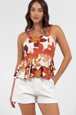 Calla Top - Ric Rac Strap Tiered Cami in Tangie Print>Salty Crush Hot