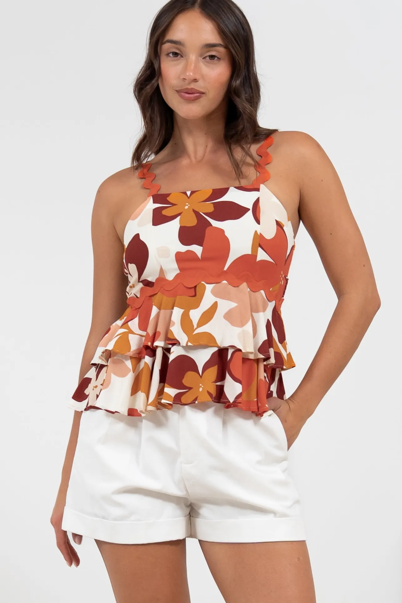 Calla Top - Ric Rac Strap Tiered Cami in Tangie Print>Salty Crush Hot