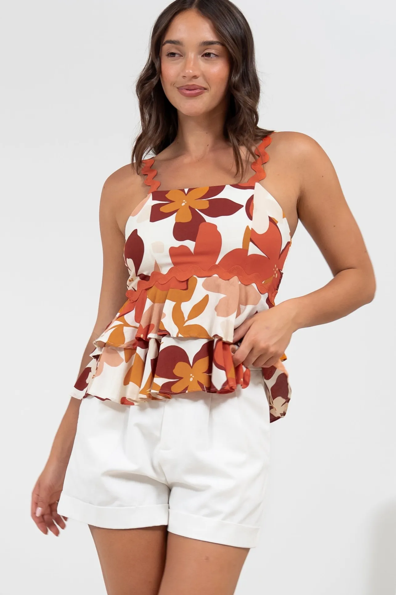 Calla Top - Ric Rac Strap Tiered Cami in Tangie Print>Salty Crush Hot