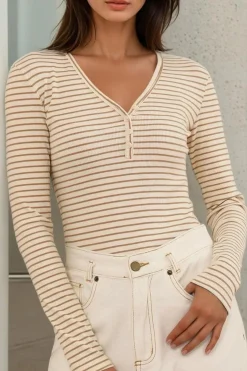 Cameron Knit Top - Button Neckline Ribbed Striped Top in Camel>Salty Crush Discount