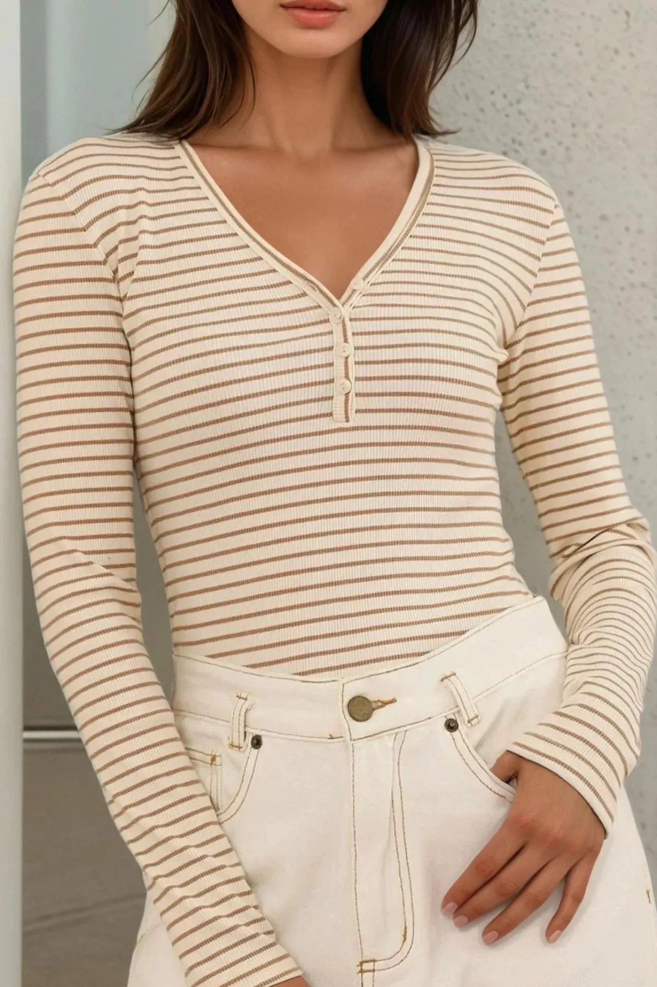 Cameron Knit Top - Button Neckline Ribbed Striped Top in Camel>Salty Crush Discount