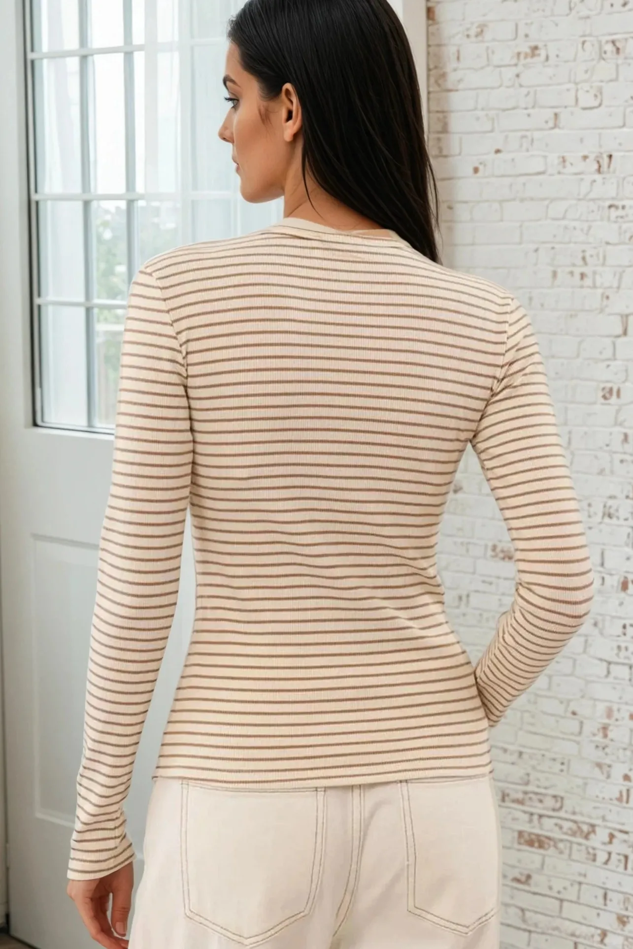 Cameron Knit Top - Button Neckline Ribbed Striped Top in Camel>Salty Crush Discount