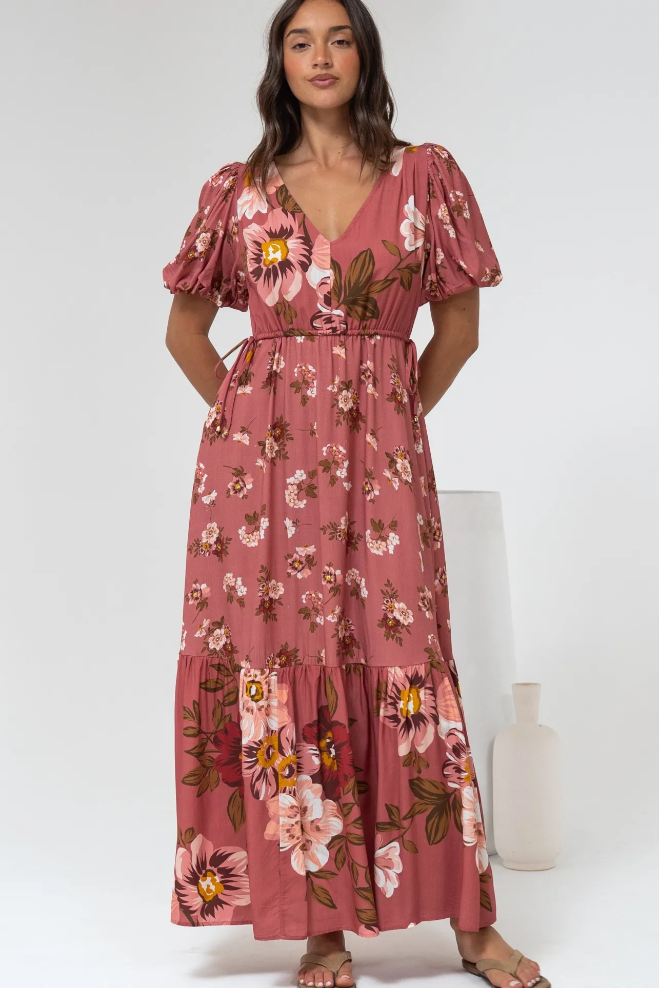 Camilla Maxi Dress - V-Neck Pull Tie Short Sleeve Dress in First Blush Print Mid Pink>Salty Crush Online