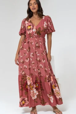 Camilla Maxi Dress - V-Neck Pull Tie Short Sleeve Dress in First Blush Print Mid Pink><noscript><img width=