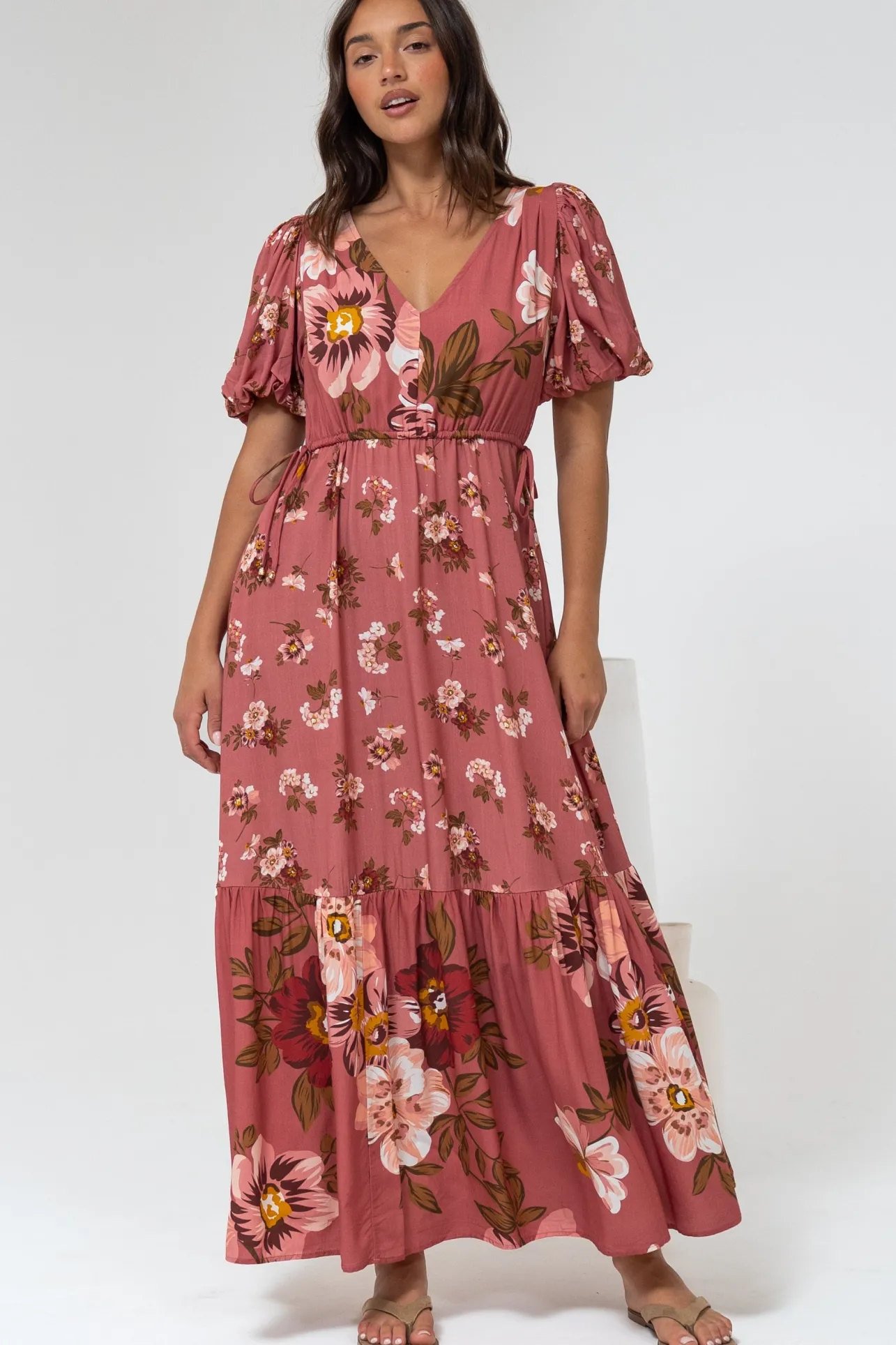 Camilla Maxi Dress - V-Neck Pull Tie Short Sleeve Dress in First Blush Print Mid Pink>Salty Crush Online