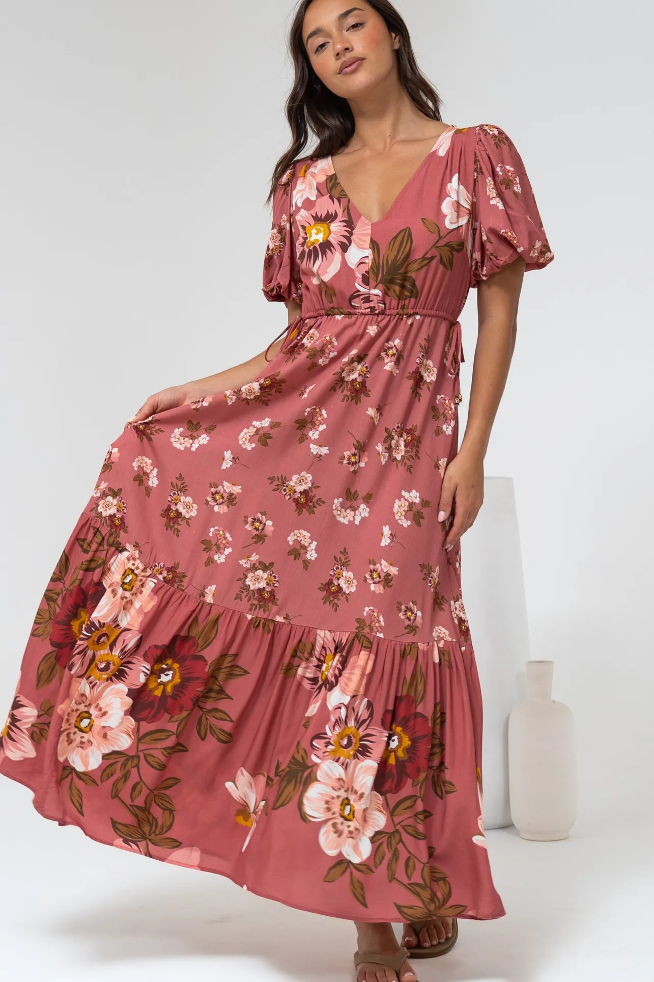 Camilla Maxi Dress - V-Neck Pull Tie Short Sleeve Dress in First Blush Print Mid Pink>Salty Crush Online