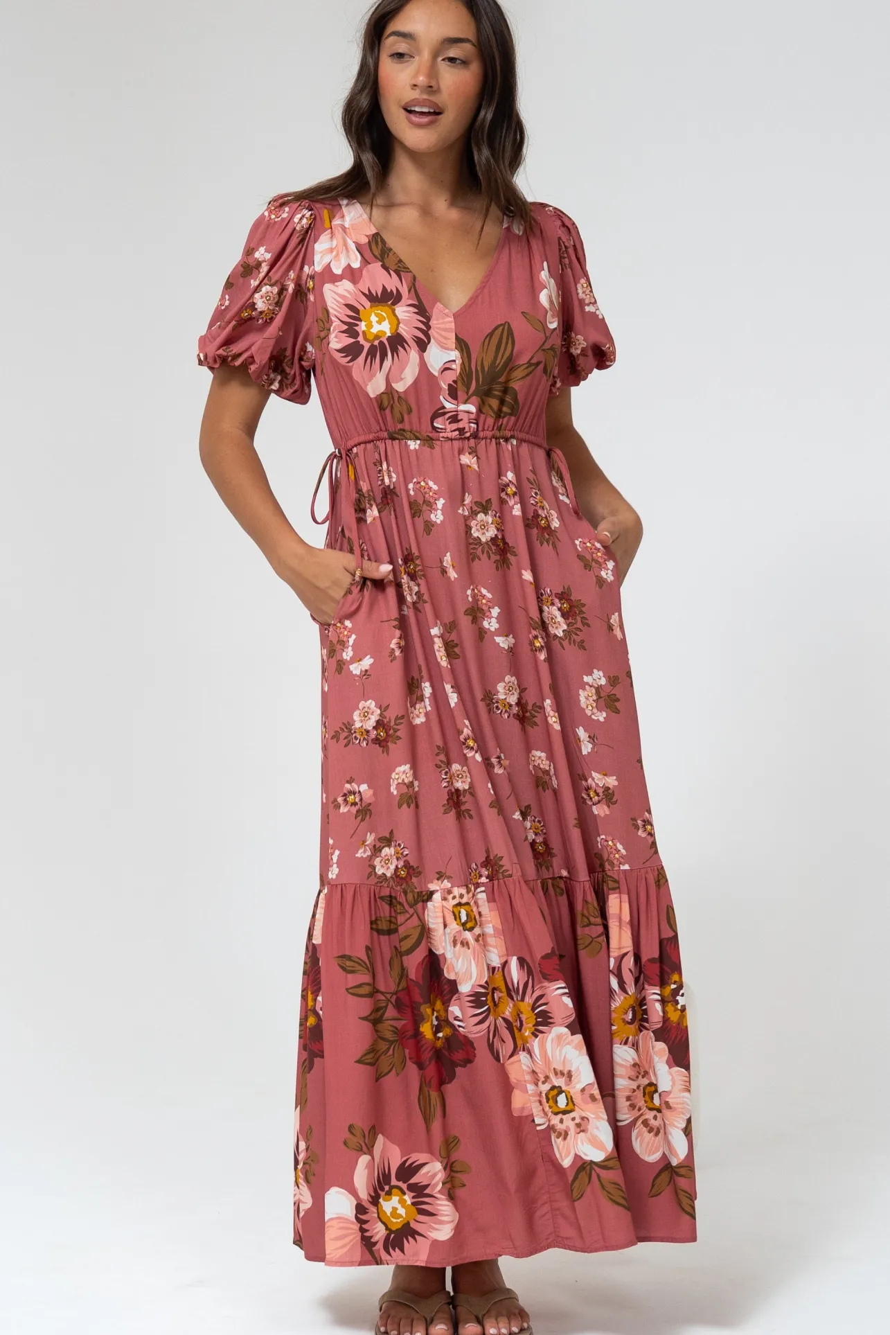 Camilla Maxi Dress - V-Neck Pull Tie Short Sleeve Dress in First Blush Print Mid Pink>Salty Crush Online