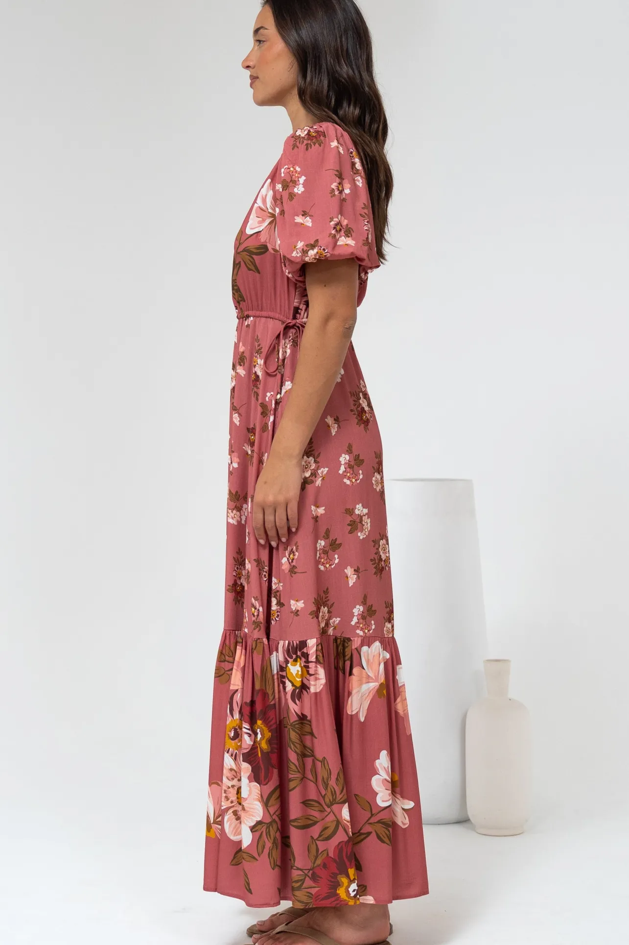 Camilla Maxi Dress - V-Neck Pull Tie Short Sleeve Dress in First Blush Print Mid Pink>Salty Crush Online