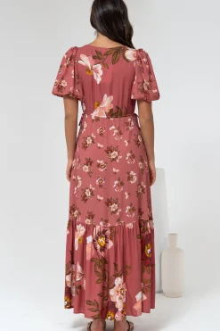 Camilla Maxi Dress - V-Neck Pull Tie Short Sleeve Dress in First Blush Print Mid Pink><noscript><img width=