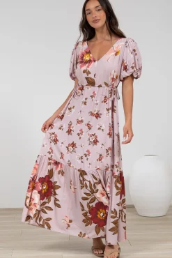Camilla Maxi Dress - V-Neck Pull Tie Short Sleeve Dress in First Blush Print>Salty Crush Discount