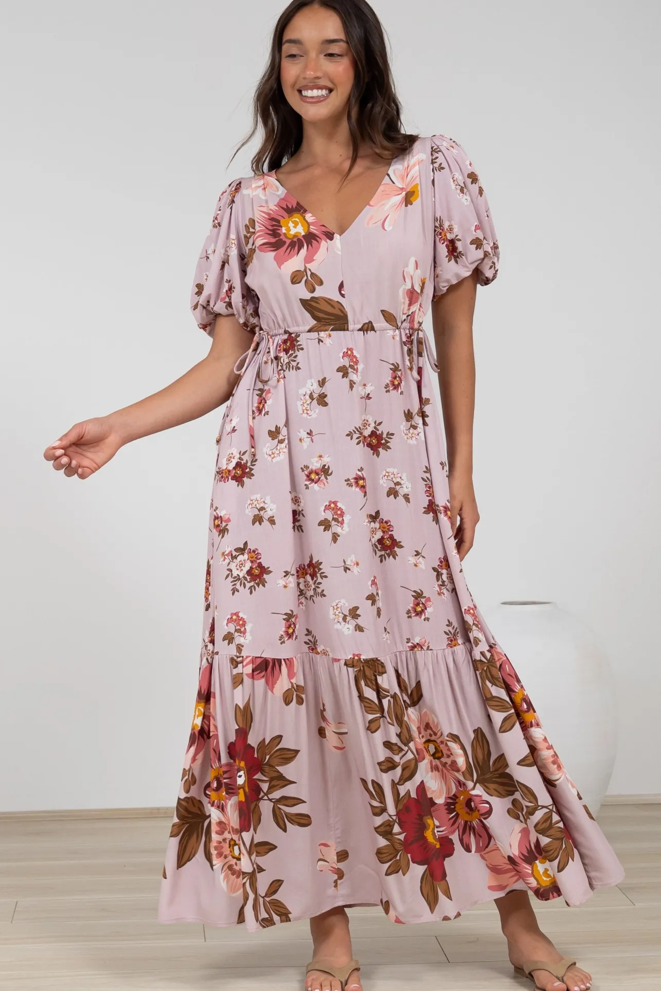 Camilla Maxi Dress - V-Neck Pull Tie Short Sleeve Dress in First Blush Print>Salty Crush Discount