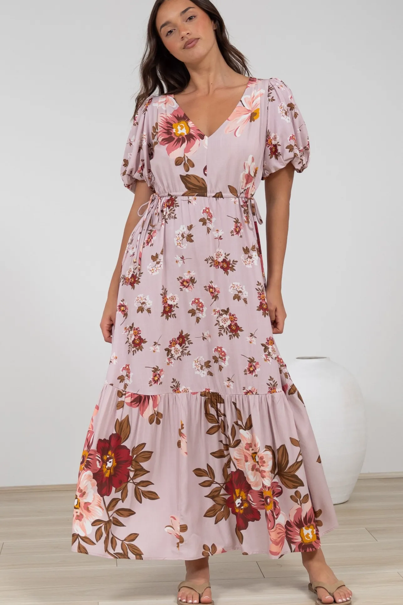 Camilla Maxi Dress - V-Neck Pull Tie Short Sleeve Dress in First Blush Print>Salty Crush Discount