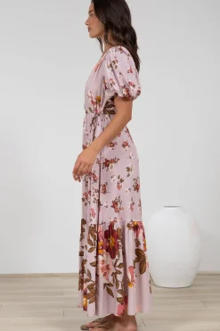 Camilla Maxi Dress - V-Neck Pull Tie Short Sleeve Dress in First Blush Print><noscript><img width=