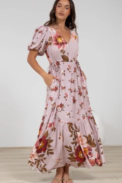 Camilla Maxi Dress - V-Neck Pull Tie Short Sleeve Dress in First Blush Print><noscript><img width=