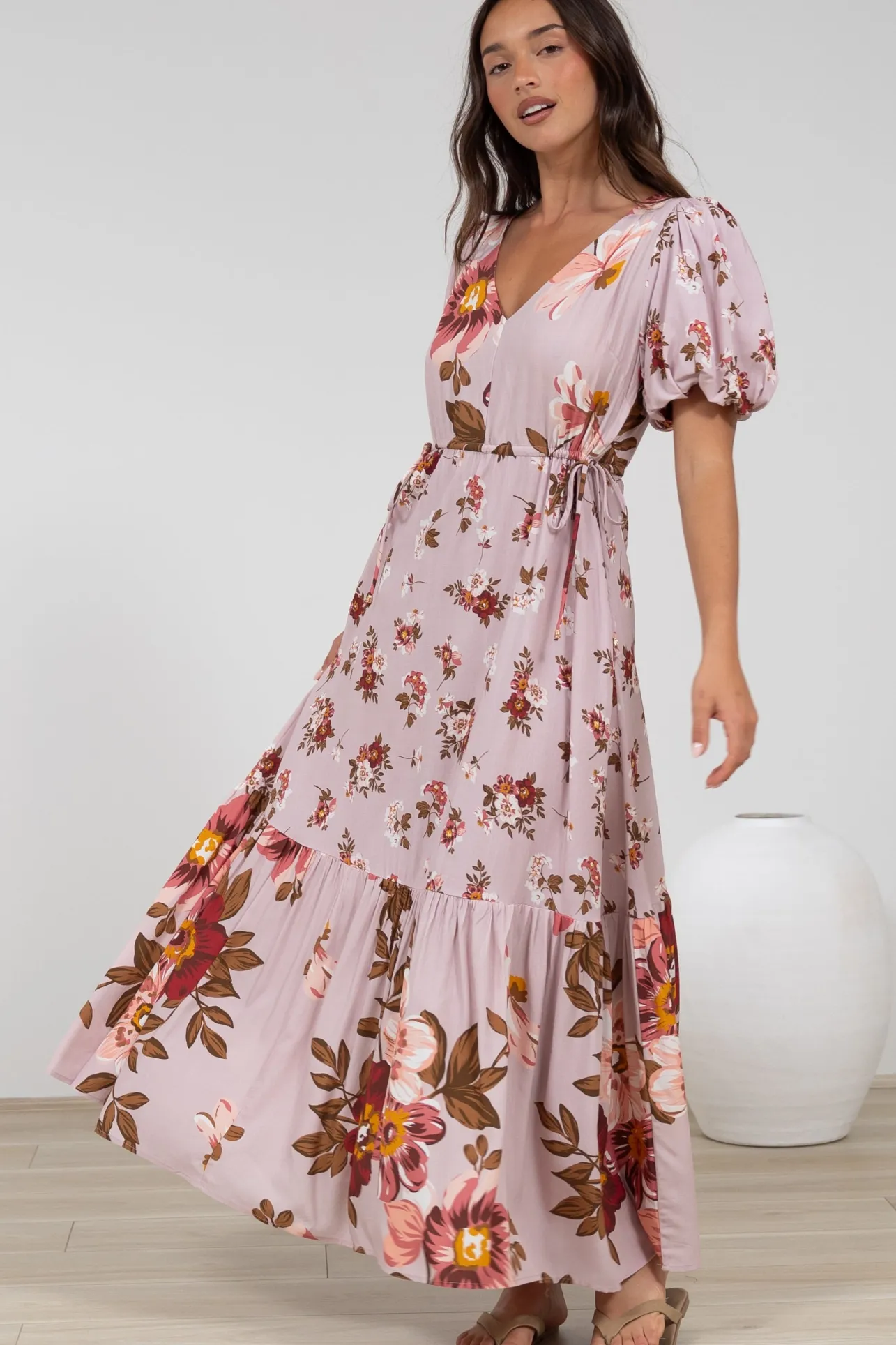 Camilla Maxi Dress - V-Neck Pull Tie Short Sleeve Dress in First Blush Print>Salty Crush Discount