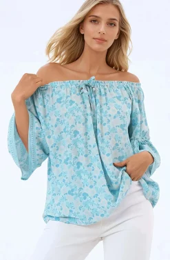 Carissa Top - On or Off Shoulder Pull Over Top in Siena Print>Salty Crush Clearance