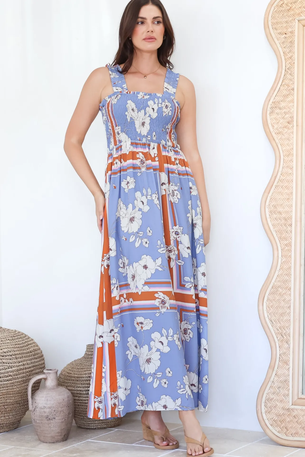 Carmelle Maxi Dress - Thick Strap Elasticated Bodice Sun Dress in Trinity Print>Salty Crush Discount