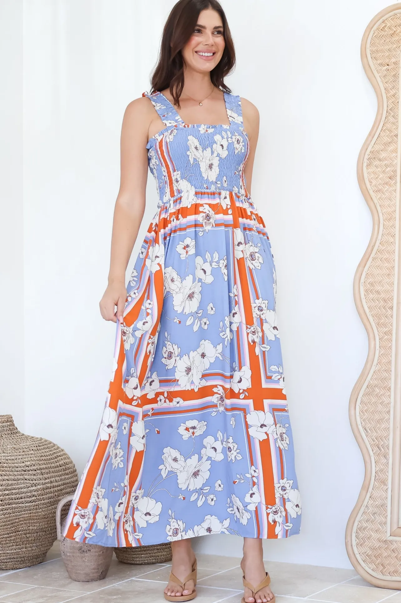 Carmelle Maxi Dress - Thick Strap Elasticated Bodice Sun Dress in Trinity Print>Salty Crush Discount
