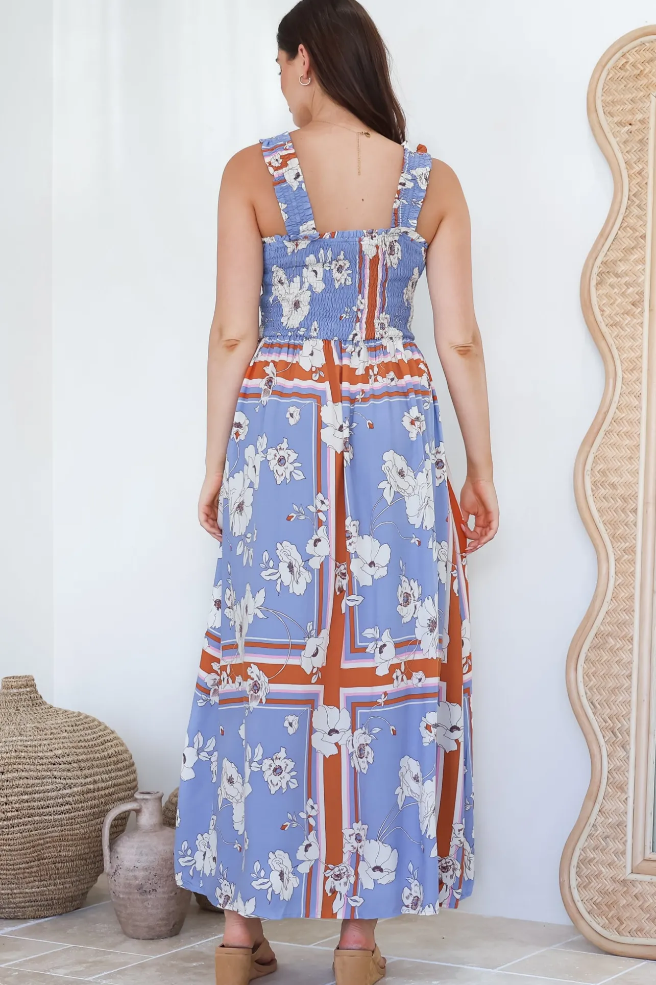 Carmelle Maxi Dress - Thick Strap Elasticated Bodice Sun Dress in Trinity Print>Salty Crush Discount