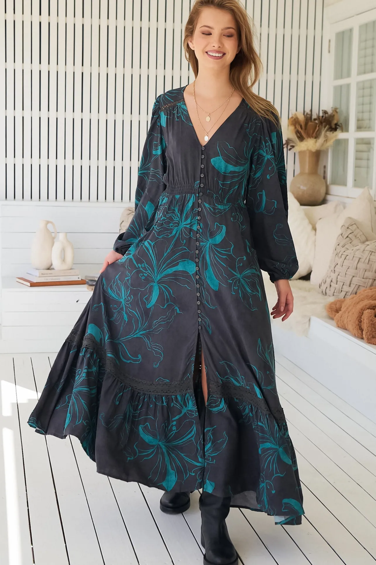 Carmen Long Sleeve Maxi Dress - Button Down A Line Dress with Lace Trim in Midnight Lilly Print>Jaase