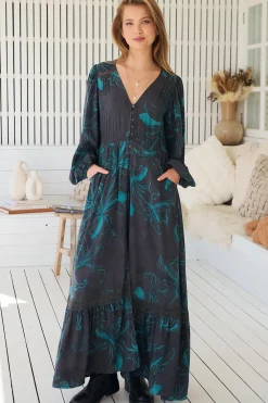 Carmen Long Sleeve Maxi Dress - Button Down A Line Dress with Lace Trim in Midnight Lilly Print><noscript><img width=