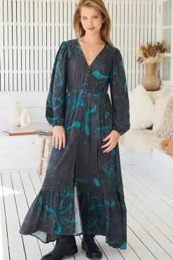 Carmen Long Sleeve Maxi Dress - Button Down A Line Dress with Lace Trim in Midnight Lilly Print><noscript><img width=