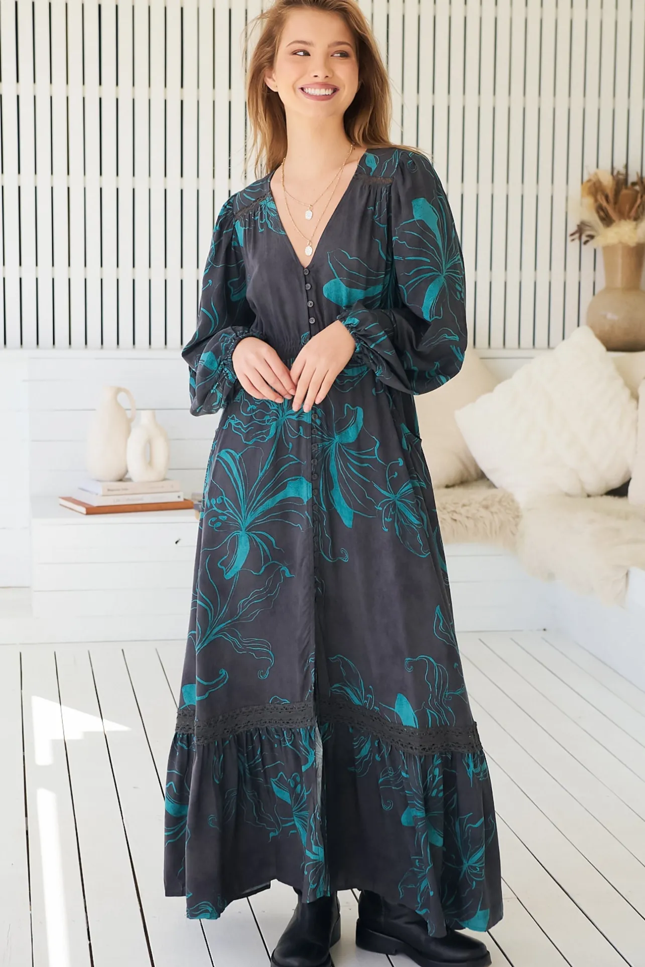 Carmen Long Sleeve Maxi Dress - Button Down A Line Dress with Lace Trim in Midnight Lilly Print>Jaase