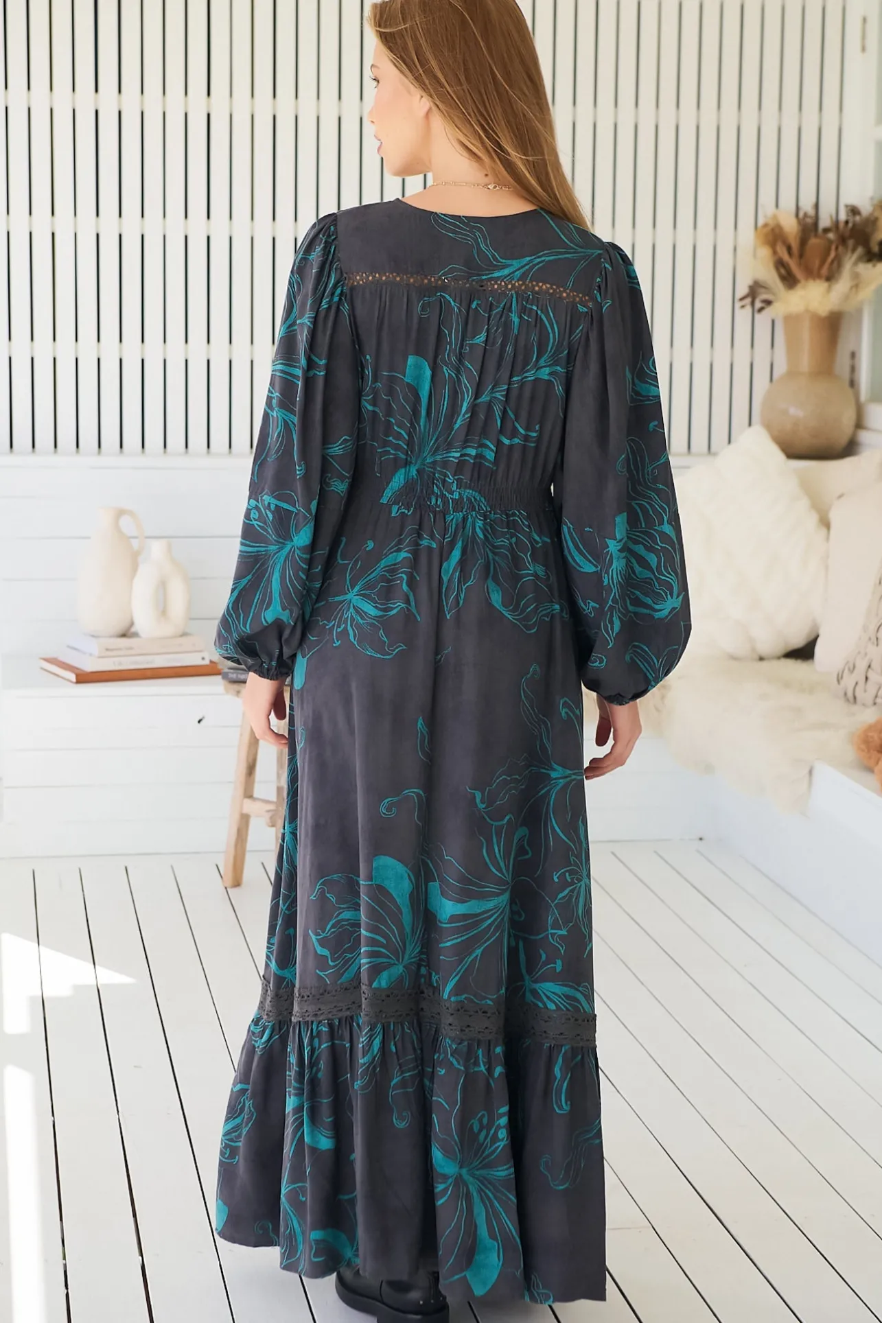 Carmen Long Sleeve Maxi Dress - Button Down A Line Dress with Lace Trim in Midnight Lilly Print>Jaase