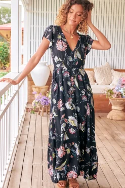 Carmen Maxi Dress - Butterfly Cap Sleeve Button Down A Line Dress with Lace Trim in Under the Stars Print>Jaase Hot