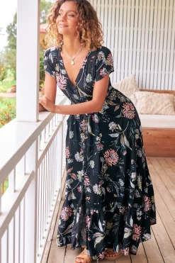 Carmen Maxi Dress - Butterfly Cap Sleeve Button Down A Line Dress with Lace Trim in Under the Stars Print><noscript><img width=