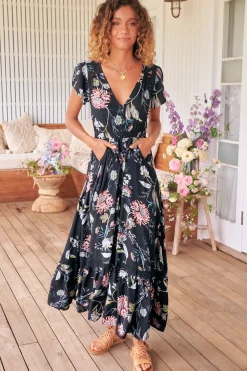 Carmen Maxi Dress - Butterfly Cap Sleeve Button Down A Line Dress with Lace Trim in Under the Stars Print><noscript><img width=