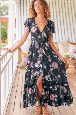 Carmen Maxi Dress - Butterfly Cap Sleeve Button Down A Line Dress with Lace Trim in Under the Stars Print><noscript><img width=