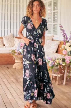 Carmen Maxi Dress - Butterfly Cap Sleeve Button Down A Line Dress with Lace Trim in Under the Stars Print><noscript><img width=