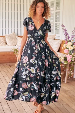 Carmen Maxi Dress - Butterfly Cap Sleeve Button Down A Line Dress with Lace Trim in Under the Stars Print><noscript><img width=
