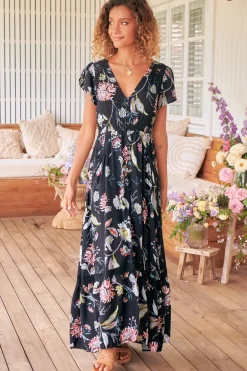 Carmen Maxi Dress - Butterfly Cap Sleeve Button Down A Line Dress with Lace Trim in Under the Stars Print><noscript><img width=
