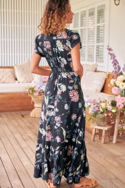 Carmen Maxi Dress - Butterfly Cap Sleeve Button Down A Line Dress with Lace Trim in Under the Stars Print><noscript><img width=