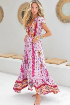 Carmen Maxi Dress - Butterfly Cap Sleeve Button Down A Line Dress with Lace Trim in Lost Tribe Print>Jaase Hot