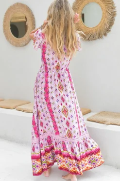 Carmen Maxi Dress - Butterfly Cap Sleeve Button Down A Line Dress with Lace Trim in Lost Tribe Print><noscript><img width=
