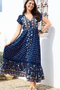 Carmen Maxi Dress - Butterfly Cap Sleeve Button Down A Line Dress with Lace Trim in Wild Indigo Print><noscript><img width=