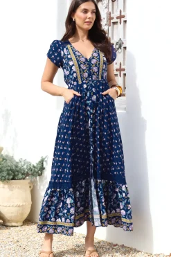 Carmen Maxi Dress - Butterfly Cap Sleeve Button Down A Line Dress with Lace Trim in Wild Indigo Print><noscript><img width=