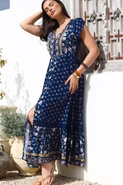 Carmen Maxi Dress - Butterfly Cap Sleeve Button Down A Line Dress with Lace Trim in Wild Indigo Print><noscript><img width=
